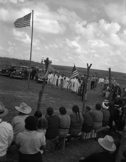 Black and white photo of powwow