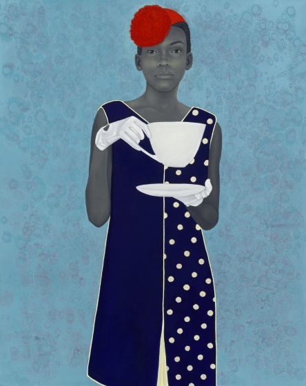 Painting of young girl in a black dress and red hat, holding a white teacup and saucer, in front of blue background.