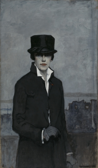 Painting in dark grays and blues, woman wearing black jacket and top hat with white button-up shirt underneath looks forward.