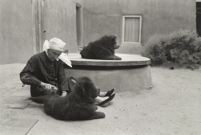 Georgia O'Keefe grooming her dogs