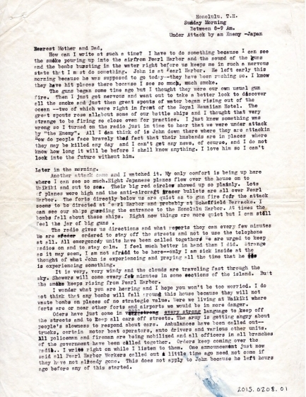 Letter by Beth Slingerland on Dec. 7, 1941 with eyewitness account of attack on Pearl Harbor.