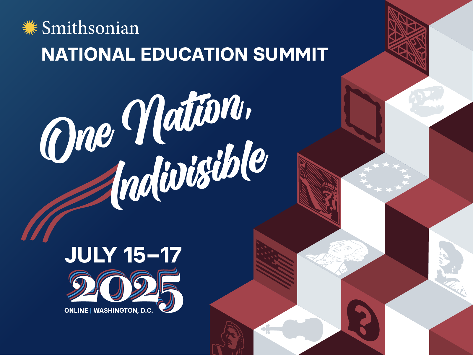 Graphic: National Education Summit 2025, with dark blue background and red and white steps